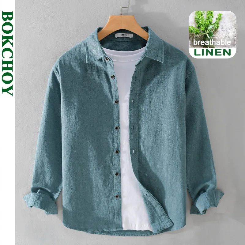 

2024 Spring Autumn New Cotton and Linen Casual Long Sleeve Shirts for Men Clothing Solid Color Simple Soft Streetwear FY9798