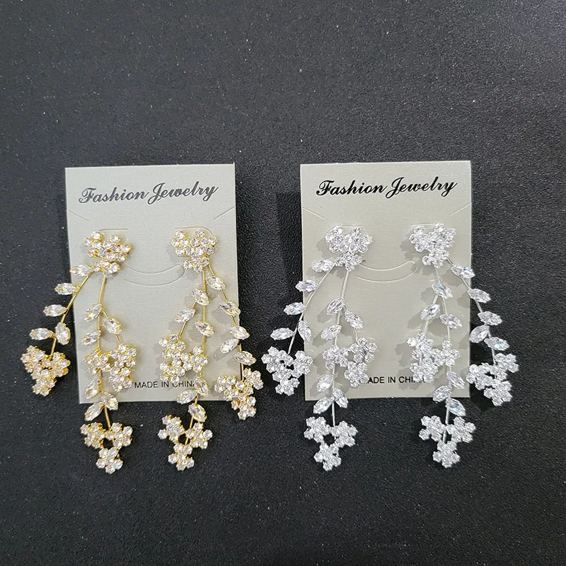 Floralbride Alloy Prong Setting Cubic Zircon Flower Leaf Earrings Bridal Wedding Chandelier Earrings Women Party Dangle Earrings