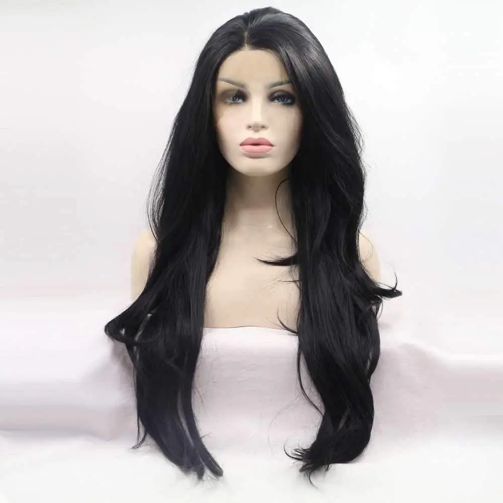 Lace Front Wig Synthetic Black Lace Front Wigs 1b#Color Long Black Wavy Wigs Heat Resistant Fiber Long Hair Middle Parting