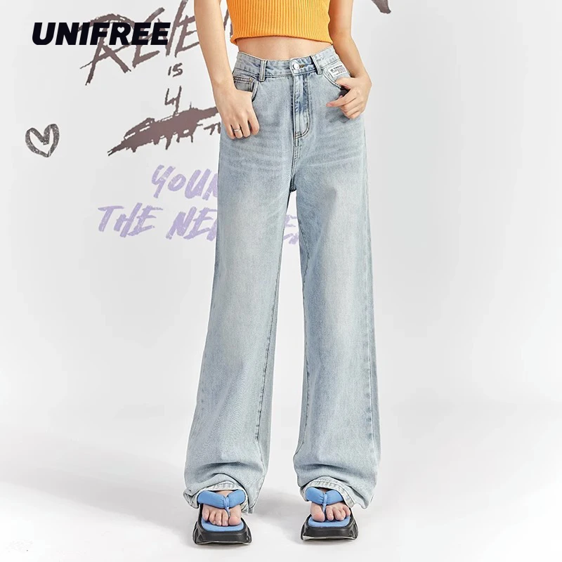 

UNIFREE Straight Leg Women's Jeans Vintage Wash Comfortable Fashion Women's Pants Streetwear Baggy Jeans for Women