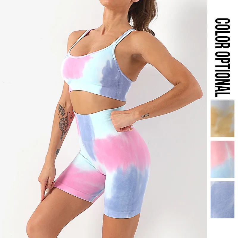 

Бесшовный Женский спортивный комплект одежды Tie Dye, комплект для йоги, женский спортивный костюм для тренажерного зала, одежда, спортивная одежда, топ, шорты, наряд