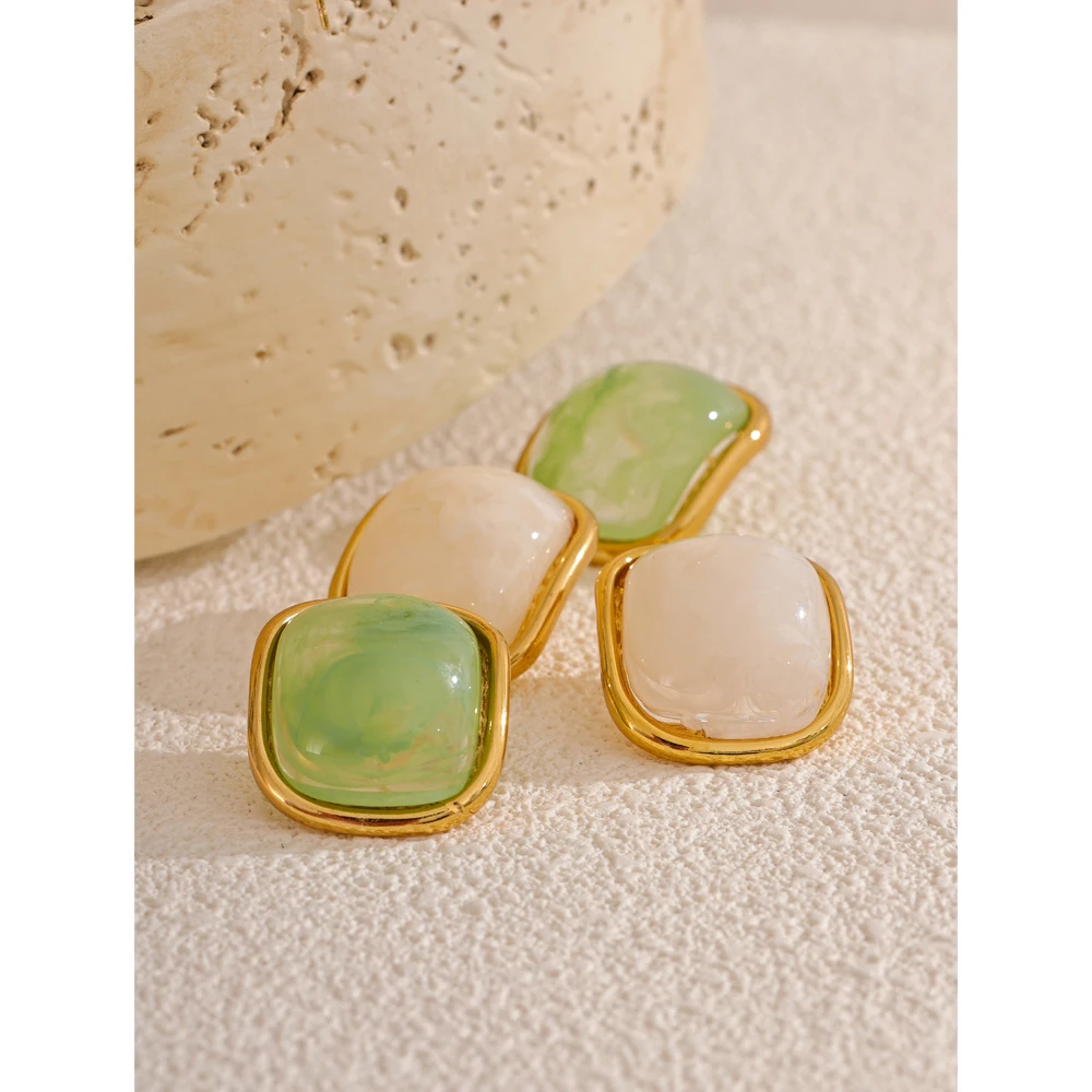 Yhpup Y2K Colorful Resin Square Golden Stud Earrings Women Summer