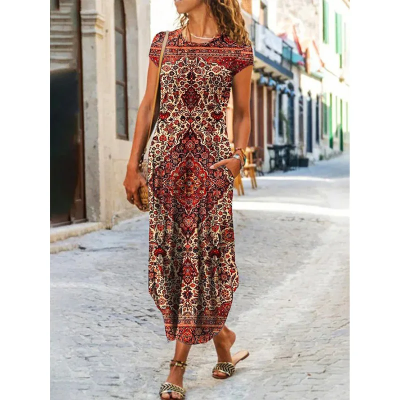 Women Summer Dress Round Neck Pocket Short Sleeve Floral Printed Ankle Length Long Women Dresses Vestidos YSX9021 2