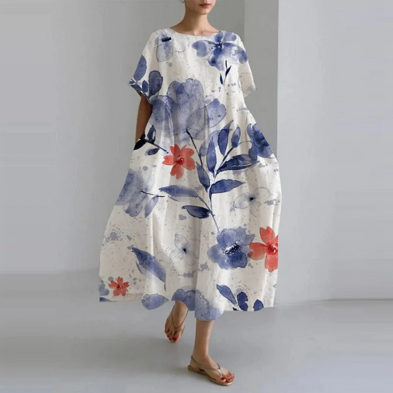 Loose Flower Print Dress for Women Summer Fashion Casual Streetwear Short Sleeved O-neck Swing Skirt Dress Female Party Vestidos