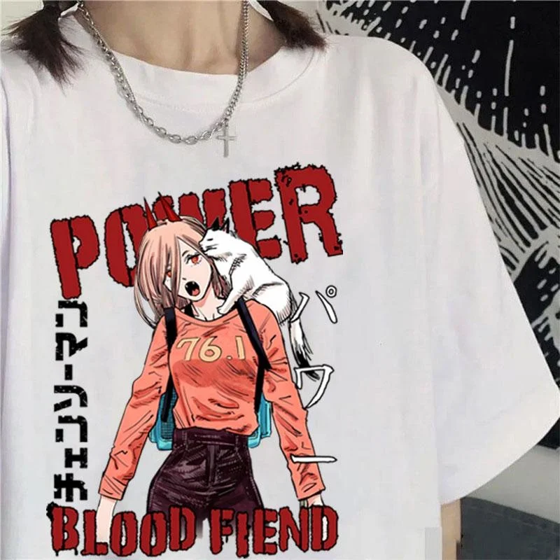 

NEW Power T Shirt Fashion Anime Graphic Print Short Sleeve Streetwear Casual Personality Hip Hop Loose Tees