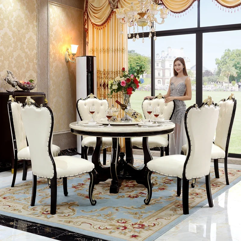 

Marble dining table round table and chair combination dining table ebony household European solid wood