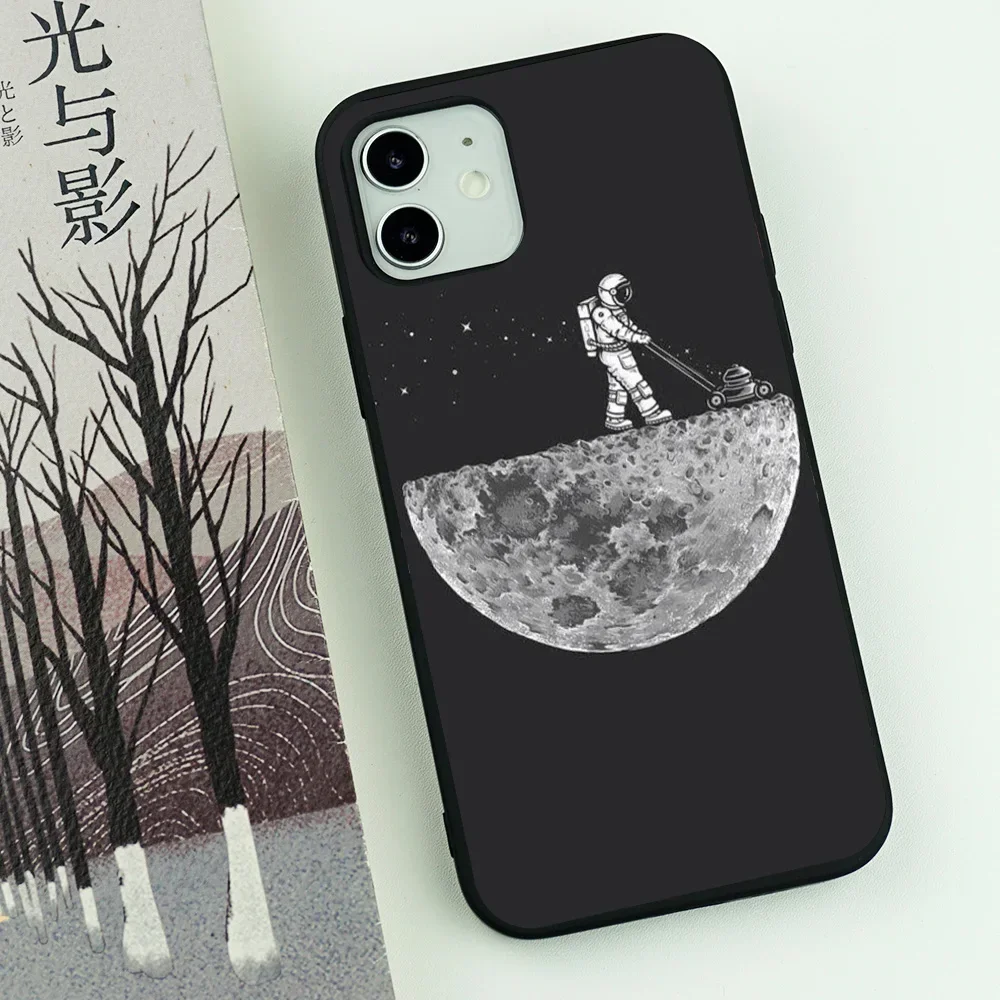 Moon Astronaut Cartoon Black Soft Silicone Phone Case Cover