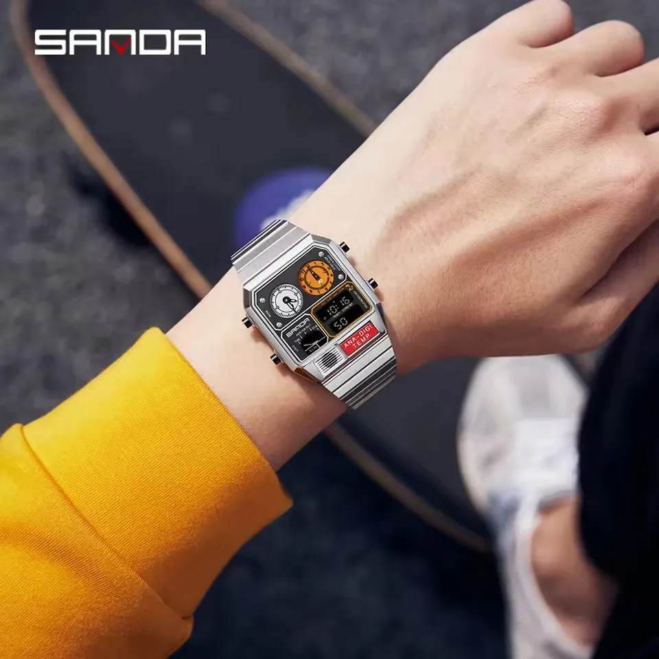 SANDA Fashion Square Dial Waterproof Luminous Chronograph Multifunction Men's Digital Sports Watch