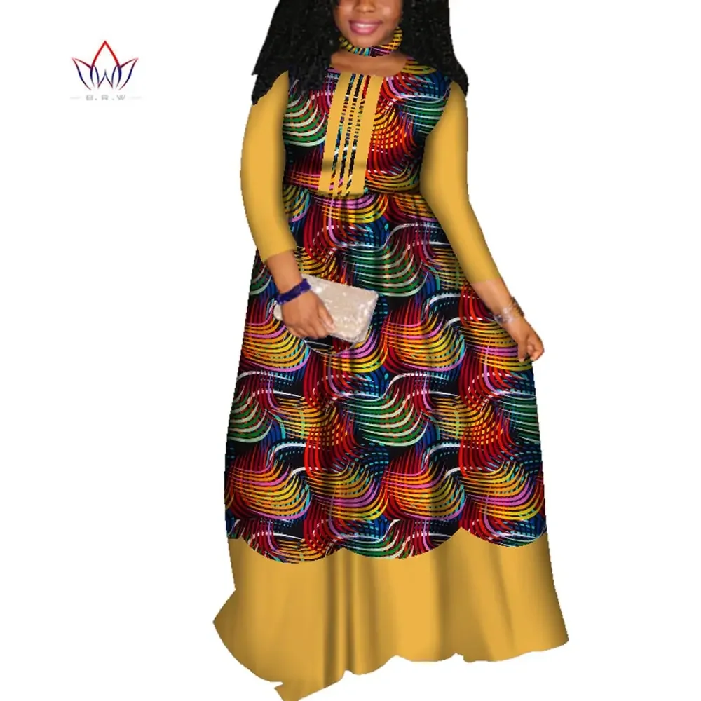 

BintaRealWax African Print Dress Women Ankara Dress O-neck High Waist A-Line Big Hem Dashiki African Clothing WY4239