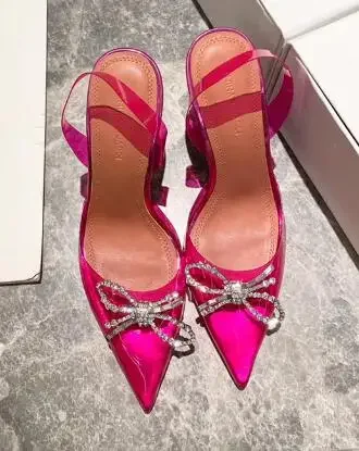 

Rosie crystal-embellished bow PVC slingback strap pumps point-toe AMINA MUADDI Slip on fluted heel women fashion shoes cheap