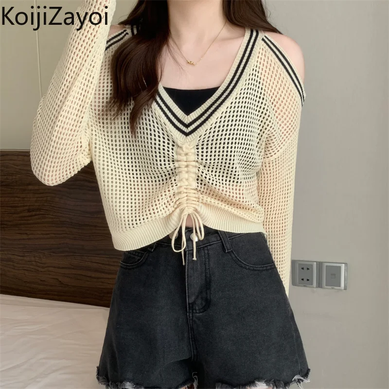 

Koijizayoi Women Solid Hollow Out Pullover 2022 Spring Autumn Drawstring V Neck Tops Long Sleeves Chic Fashion Outwear Pullovers