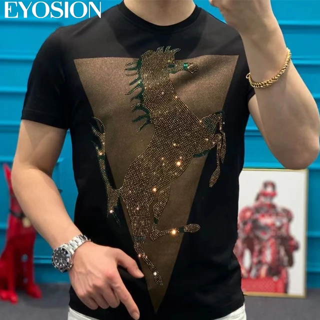 Mens Summer Hot Drill Rhinestone Merceriz Cotton Short Sleeve T