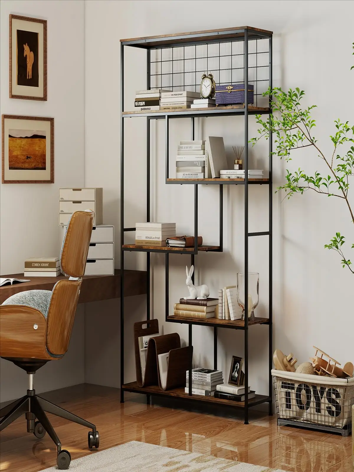 6-stufiges hohes Bücherregal, industrieller freistehender Pflanzenständer mit Metallnetz, geometrisches Bücherregal für den Innenbereich – Detail 1