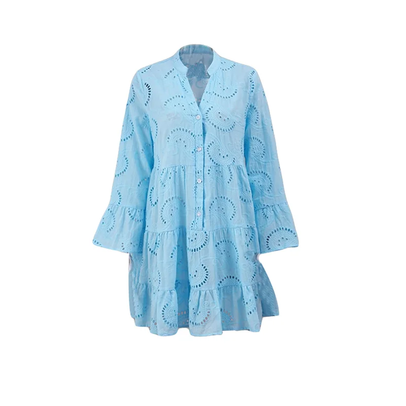 Beach Dress Women Embroidery Lace Eyelet Hollow Out 3/4 Sleeve Single Breasted Mini Dress y2k Vacation Dresses
