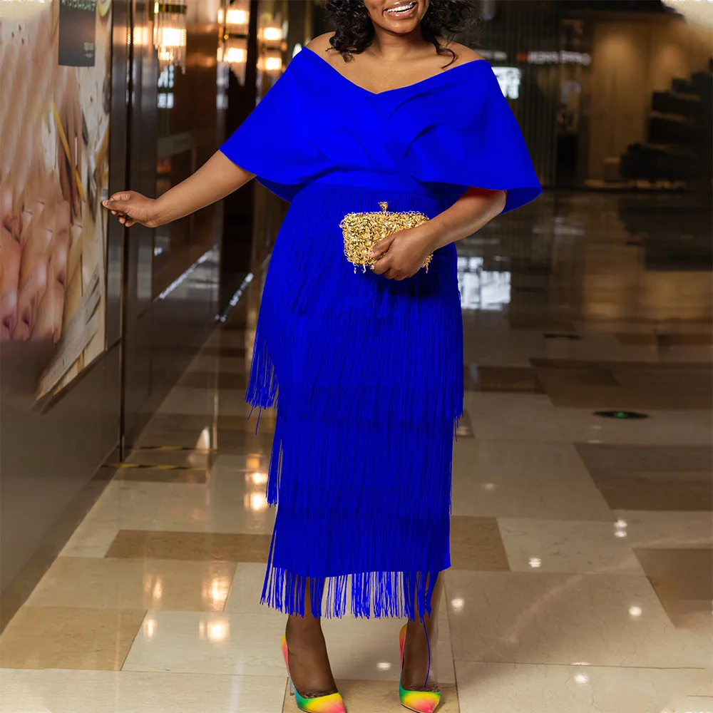 Plus Size Chic And Elegant Woman Dress Off Shoulder Tassel Club Outfit Lady Casual Luxury Gowns 2023 Spring Evening Party Dress