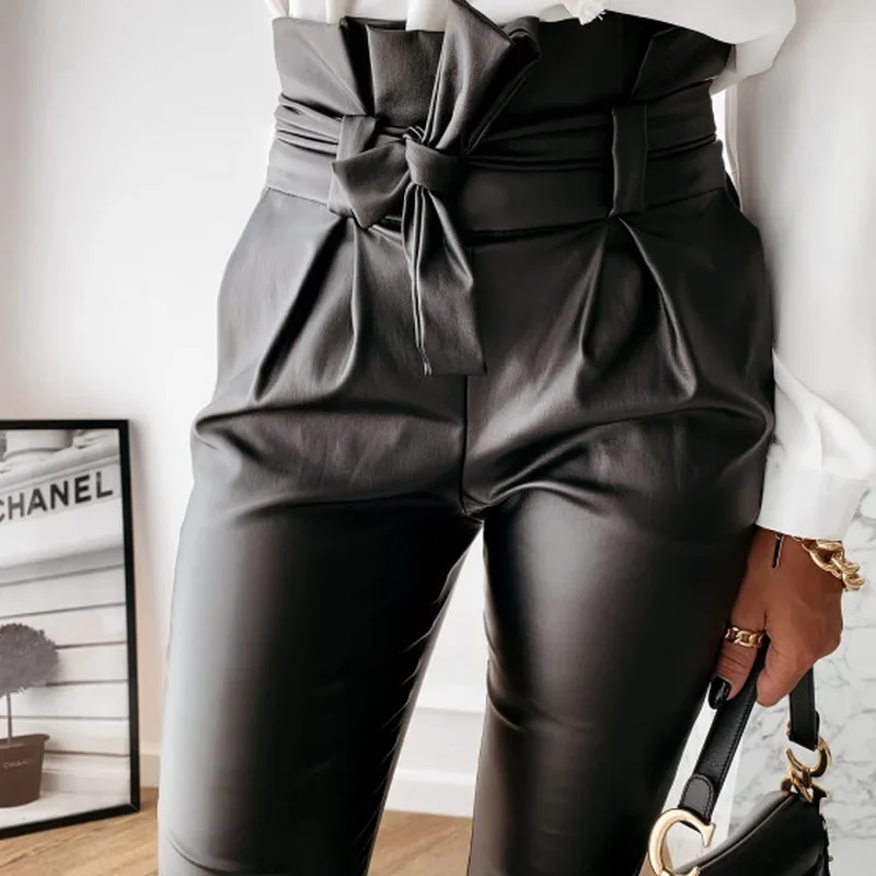 Women's Pants Zipper Women's Fashion Casual PU Leather Pants (including Belt) High Waist Streetwear Aesthetic Trousers Women