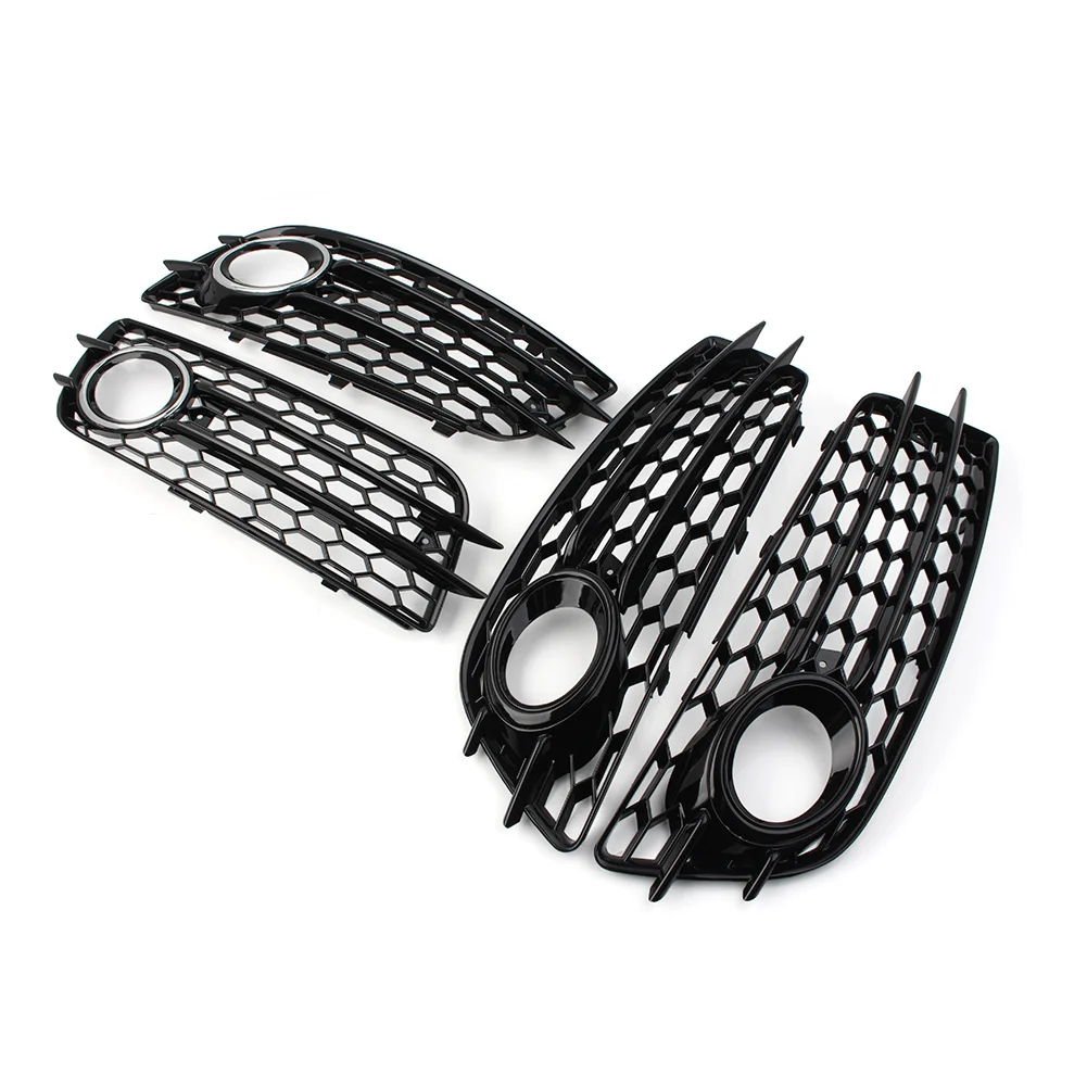 아우디 A4 B8 S4 2008-2012용 자동차 허니콤 메쉬 프론트 범퍼 안개등 그릴 커버 글로시 블랙 (일반 범퍼에는 사용불가) 1쌍