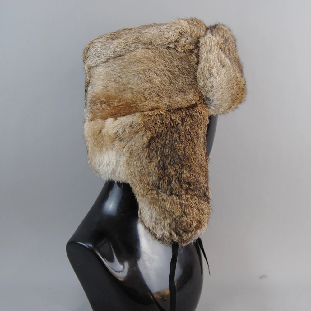 Rabbit Fur Cap Man Winter Genuine 100% Fur Bomber Hat Windproof Warm Earmuffs Male Flat Grey/Black Russian Hat Fitted Casquette