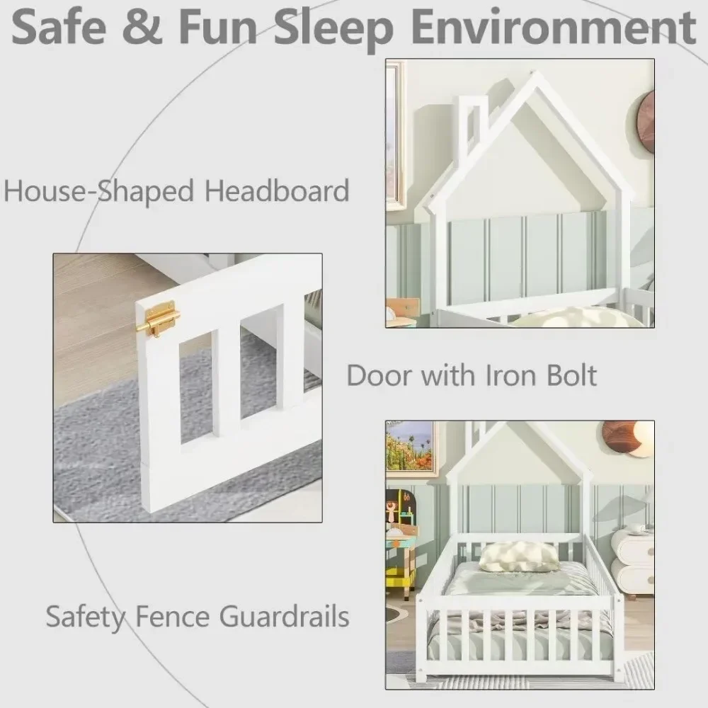 Children Beds, Twin Size Montessori Floor Bed with Fence and Door, House-Shaped Headboard Floor Bed with Full-Length Guardrails 3