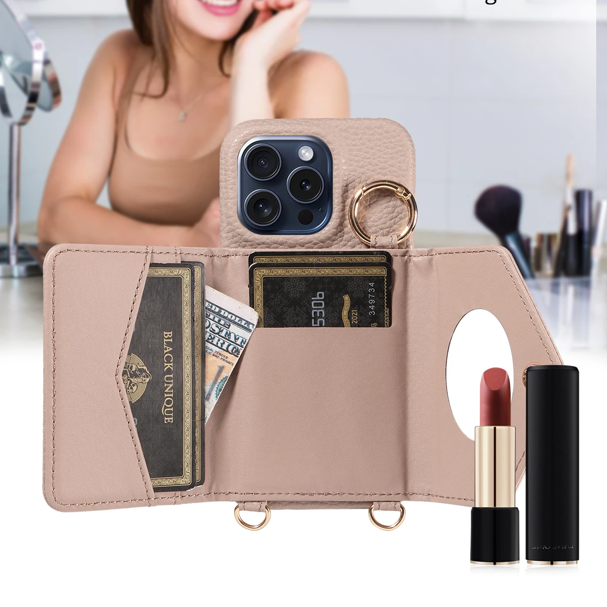 Elegant Leather Phone Case with Anti-Drop Protection, Long Lanyard, and Built-In Mirror