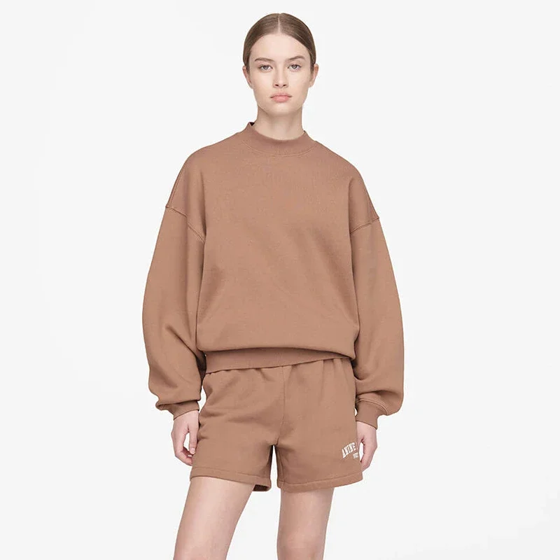 

Europe and The United States Niche AB Classic Letter Embroidery Embroidery Pure Cotton Round Neck Women's Khaki Sweater