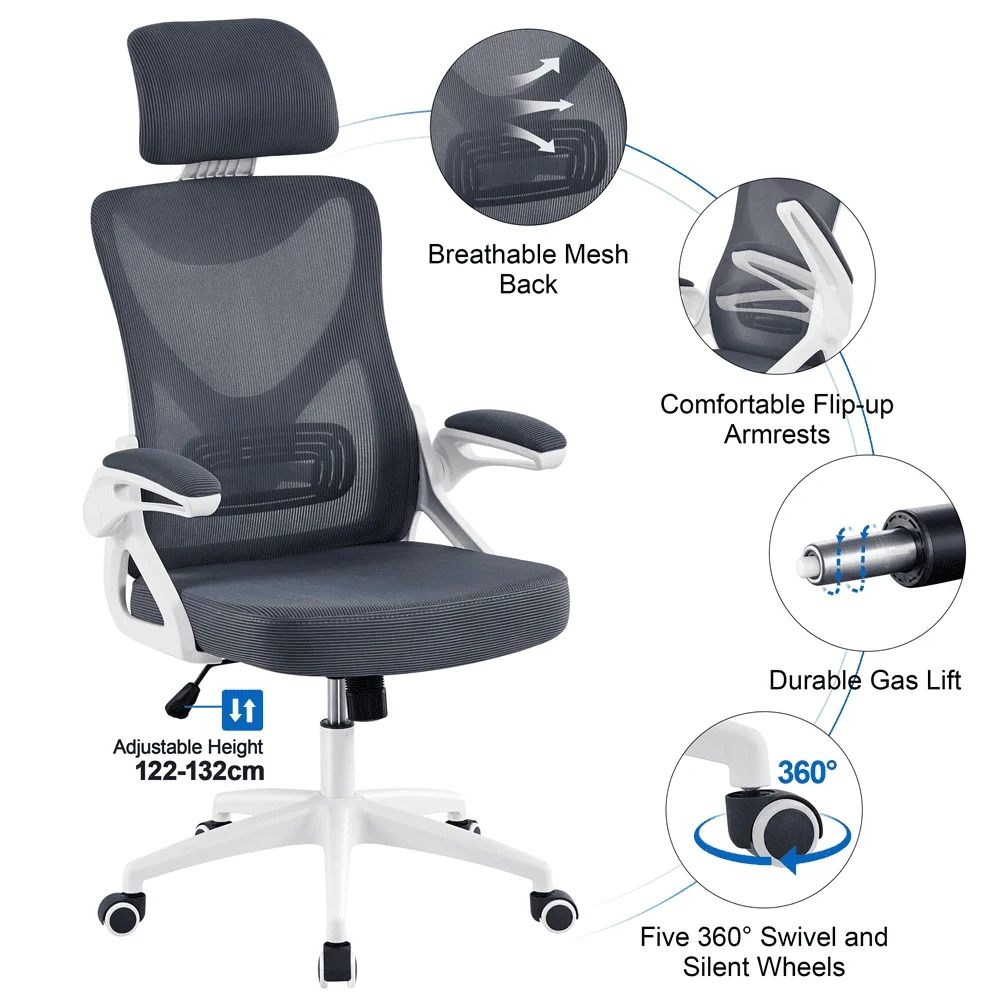 High Back Ergonomic Mesh Office Chair With Adjustable Padded Headrest White/Black Furniture Computer Armchair Chairs Gaming 5