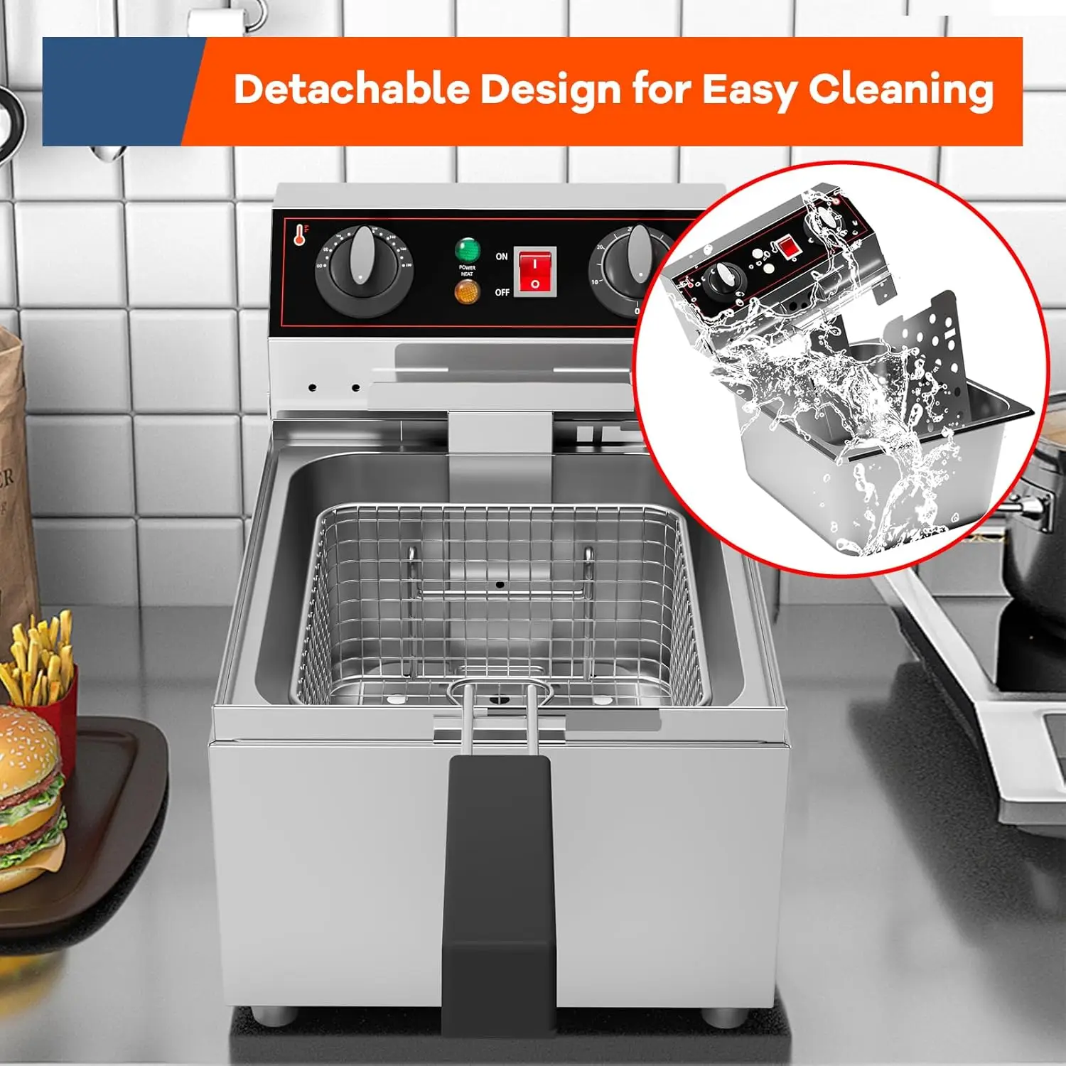 10.6QT/10L Electric Deep Fryer w/Basket & Lid, Stainless Steel Countertop Fryers, 3000W Single Tank Frying Machine w/Adjustable 4