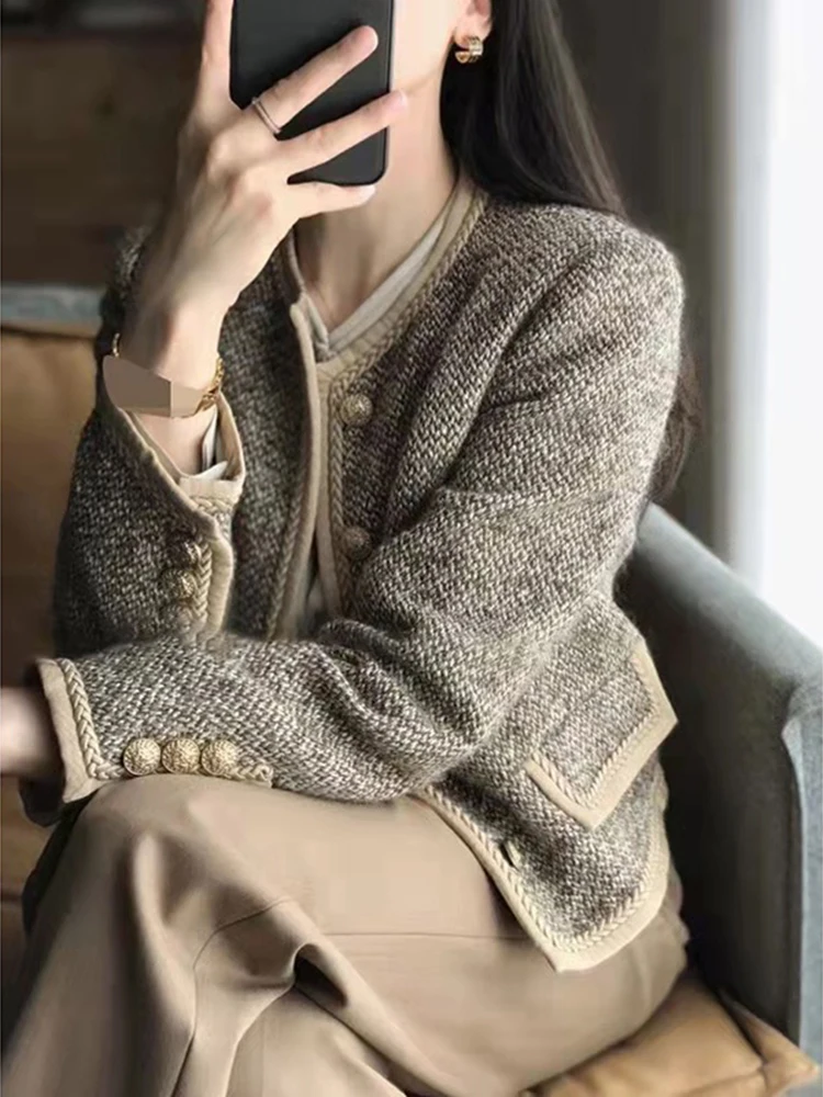 Coat Women's Short Single-Breasted Fashion Loose Versatile Korean Style  Spring and Autumn Design Stitching round Neck Cardigan