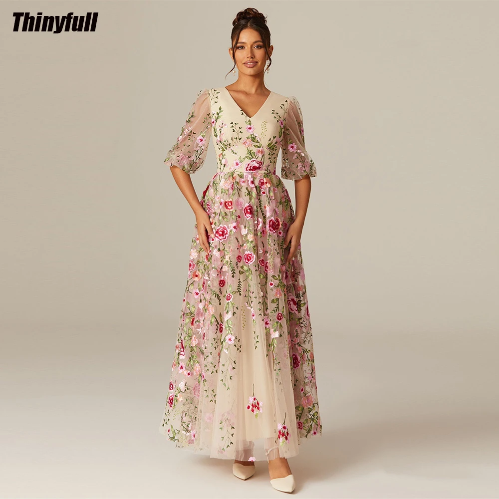 

Thinyfull A-line Tulle Prom Dresses Floral Embroidery V-neck Half Sleeves Evening Party Gowns 2024 Ankle Length Homecoming Dress