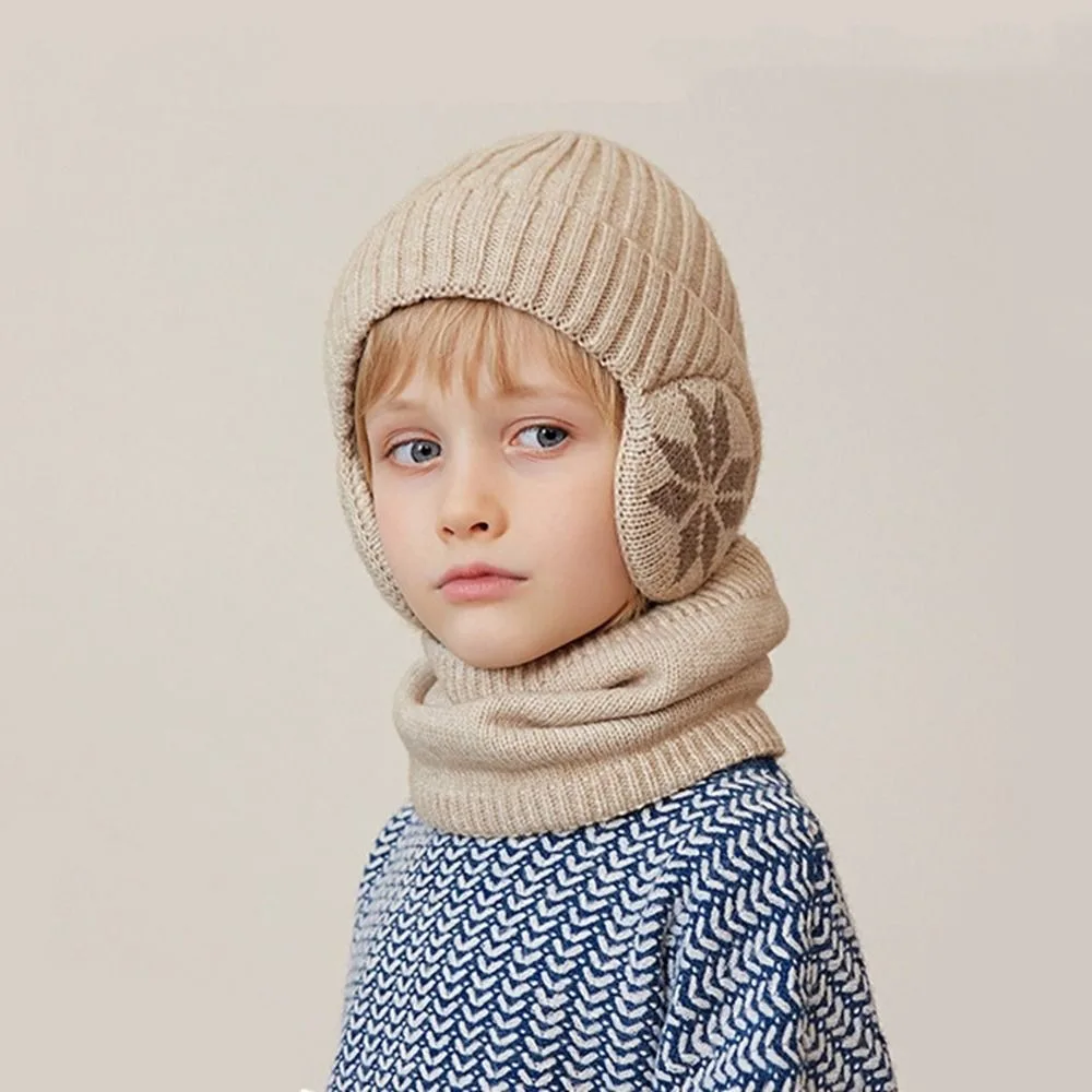 2pcs Fashion Solid Color Ear Protection Wool Caps Coldproof Scarf Hat Set Warm Windproof Children Knitted Beanie Autumn