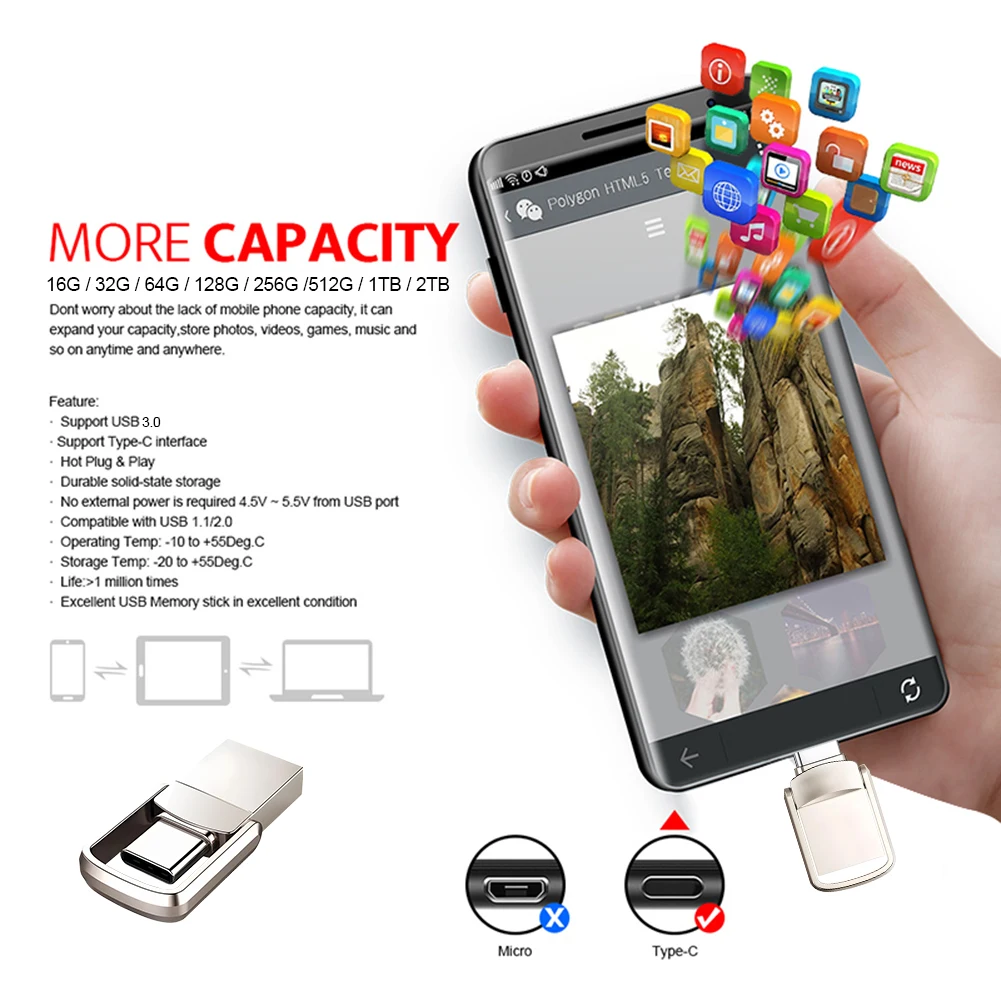 USB Flash Drive Xiaomi 2TB OTG Metal USB 3.1 1TB 512GB 256gb 128gb High Speed