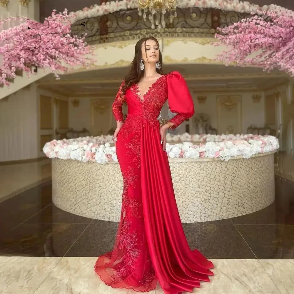 

Charming Red Lace Evening Dresses 2023 Puffy Long Sleeves Mermaid Sheer O Neck Dubai Formal Women Prom Gowns Met Pageant Wear