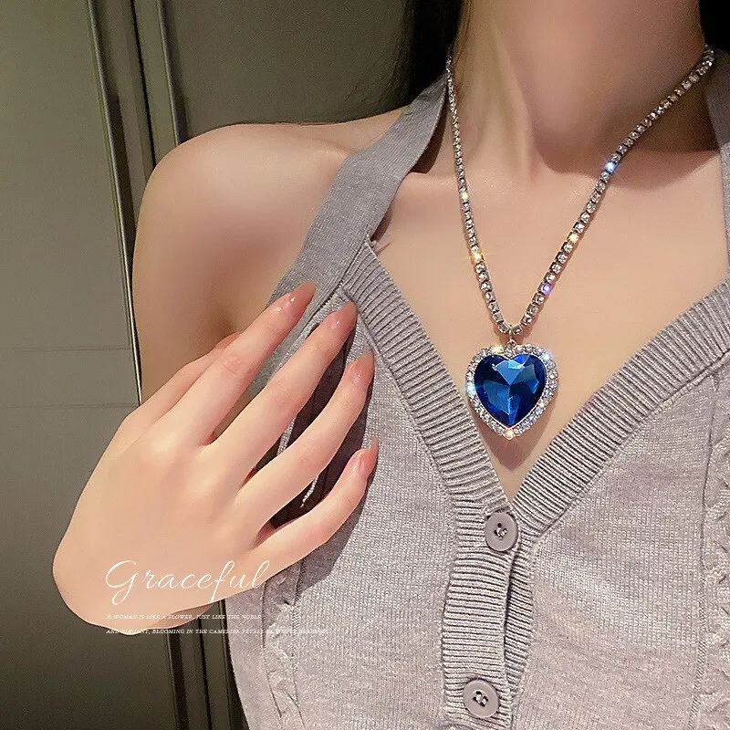 Heart of Ocean Blue Heart Necklaces for Women Rhinestone Crystal
