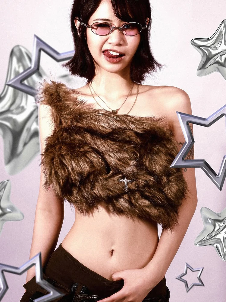 Nibber Off-Shoulder High Street Tank Tops Women Sexy Furry Coquette Simple Midnight Party Clubwear Hottie Wild Fashion Vests