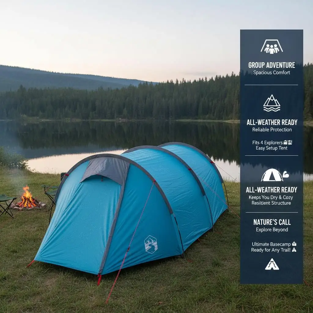 Camping-Tunnelzelt für 4 Personen, blau, wasserdicht – Detail 4