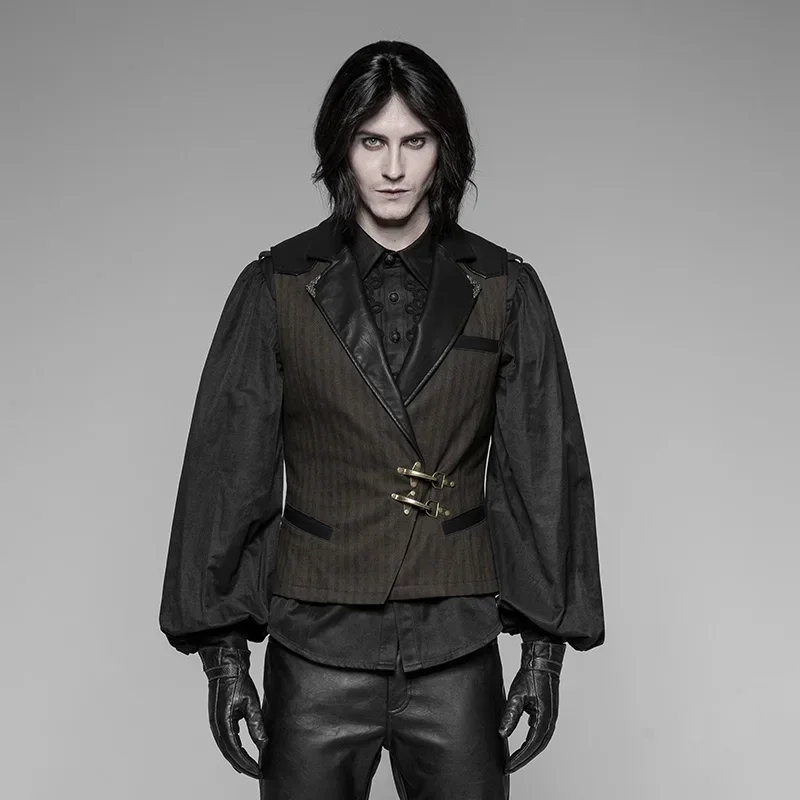 PUNK RAVE New Steampunk Black Brown Striped Men's Waistcoat Gothic Leather Decoration Retro Palace Men Vest Emo Visual Kei 3