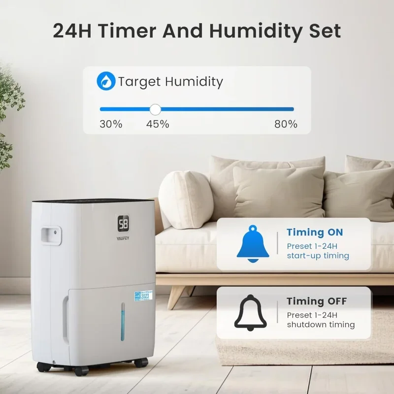 Yaufey 120 Pints Energy Star Dehumidifier for Basement Home and Room up to 6000 Sq. Ft. Drain Hose Timer Intelligent Hu