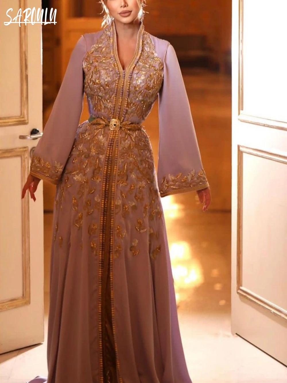 

Moroccan V-neck Evening Dresses Pink Sequins A-line Bridal Dress Caftan Appliques Floor-length Plus Size Gown Robe De Mariée