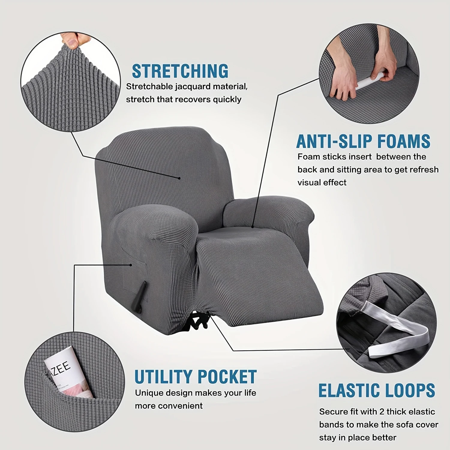 Super Stretch Recliner Sofa Cover Shape Fit Non-Slip Reclining Sofa Cover Fits Standard Queen Size Recliner 5
