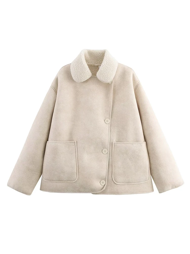 Autumn New Women's Loose Jacket Fashion Faux Fur Leather One Piece Pocket Jacket Coats Female Casual High Street Outerwear