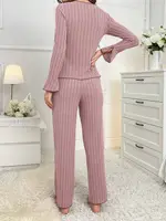 2-Piece Women's Autumn and Winter Pure Color Elegant Bow Women's Simple Long-Sleeved Pants Pajama Set Leisure home clothing - Image 3