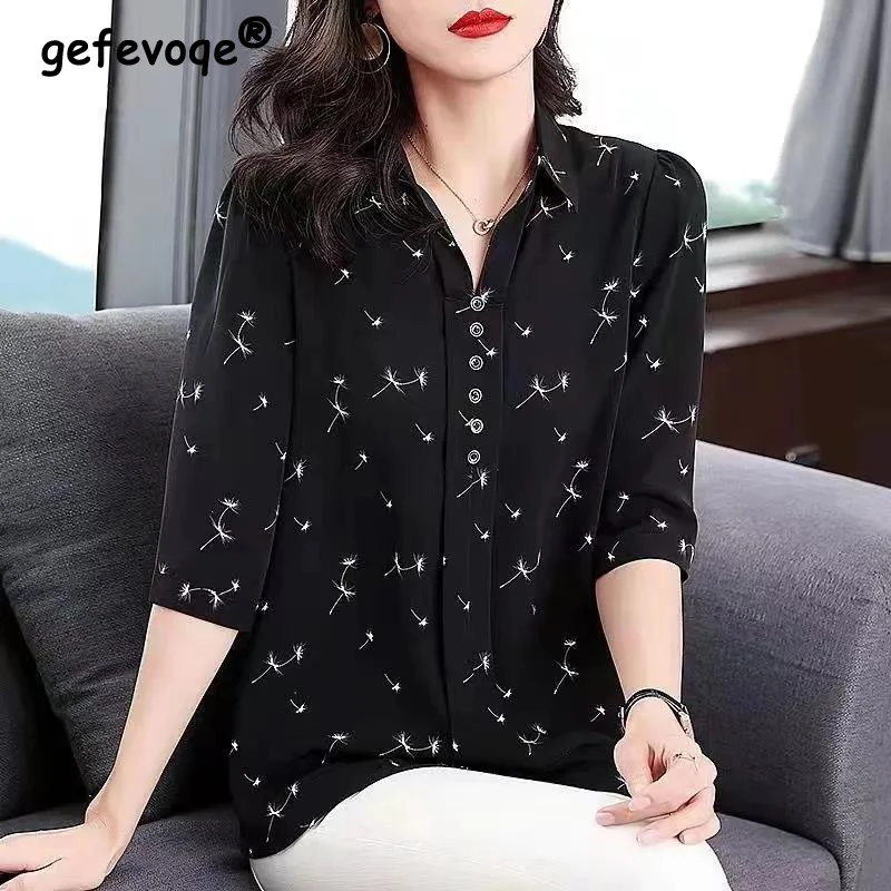 2023 Summer Oversized Printed Casual Fashion Blouse Female Polo-neck Half Sleeve Loose All-match Draped Shirt Top Women Pullover