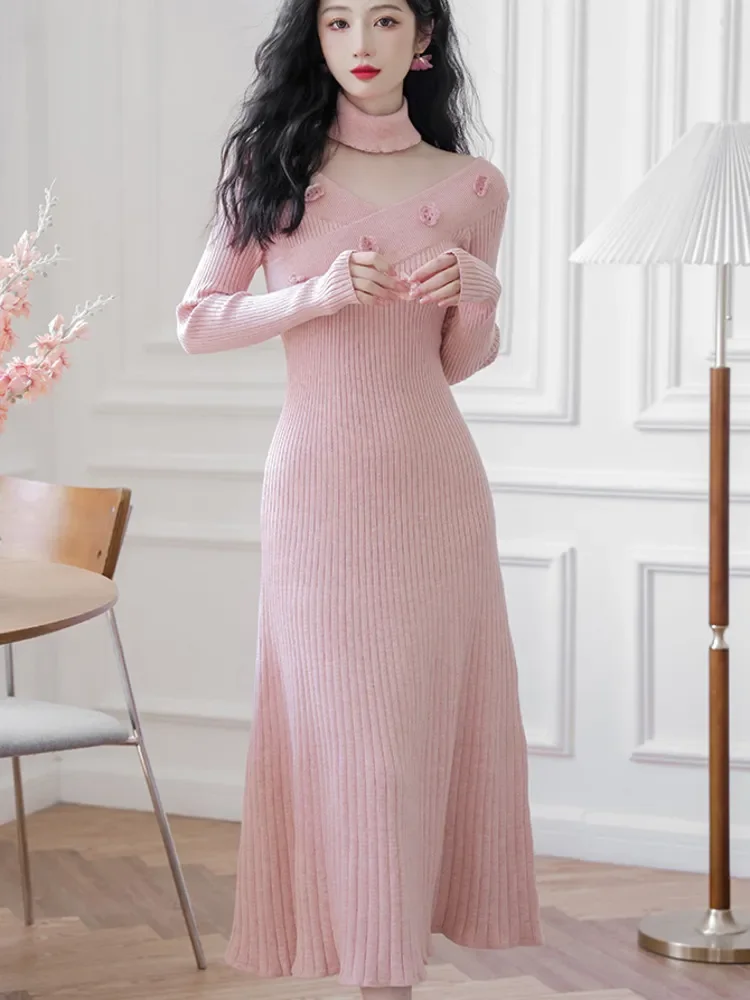 

High Quality Knitted Sweater Dresses For Women Fall Winter French Vintage 3D Flowers Long Dress Korean Fashion Casual Robe Femme