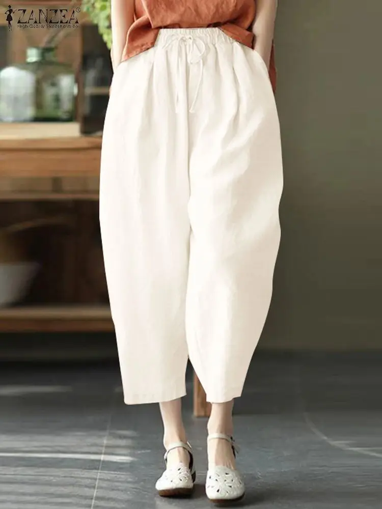 

ZANZEA Women Cropped Pants Holiday Harem Pants 2024 Summer Casual Loose Elastic Waist Pantalon Vintage Simple Wide Leg Trousers