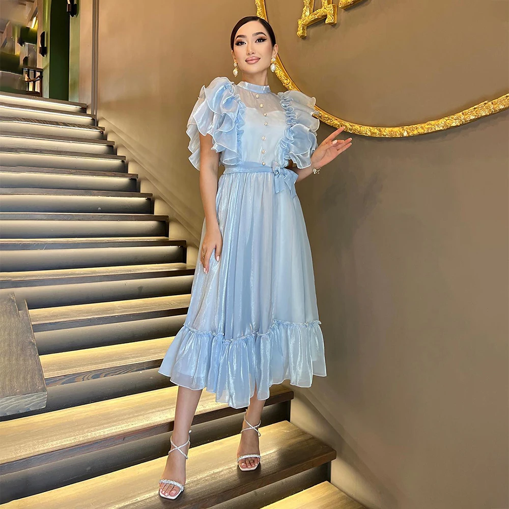 

Verngo Blue High Neck Party Gown Short Sleeves Puff Belt Dresses For Women A Line Botton Organza Princess Evening Dress