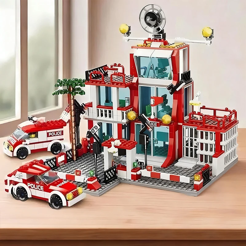 Police and Fire Station Building Blocks Set with Rescue Truck Car Figures Constr