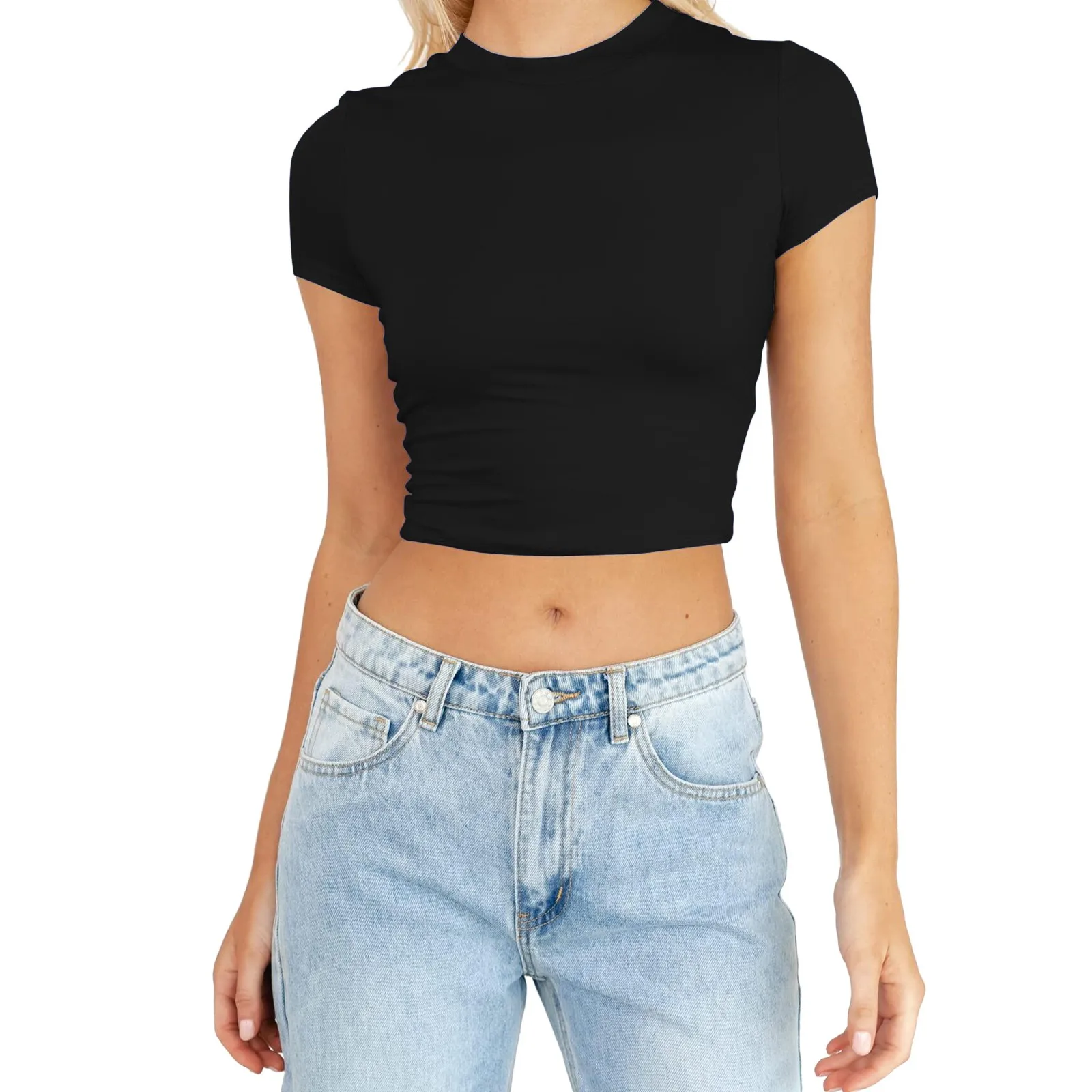 

Ladies Fashion Tight Bottom Shirt Tops Low Round Neck Short Sleeve T Shirt Top Spring Simple Solid Colour Casual T Shirt Tops