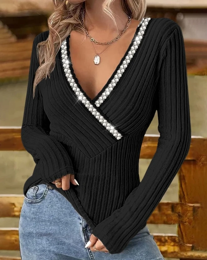 

Women's Casual Beaded V-Neck Overlap Ribbed Top Temperament Commuting New Female Long Sleeve V-Neck Fashion Skinny T-Shirt