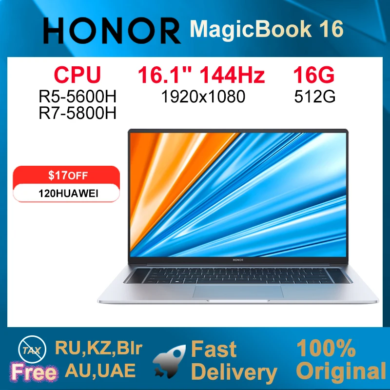 HONOR MagicBook 16 노트북, AMD Ryzen R7-5800H/R5-5600H, 16GB, 512GB 노트북, 16.1 인치, 144Hz SSD, WiFi6, Windouw11 컴퓨터