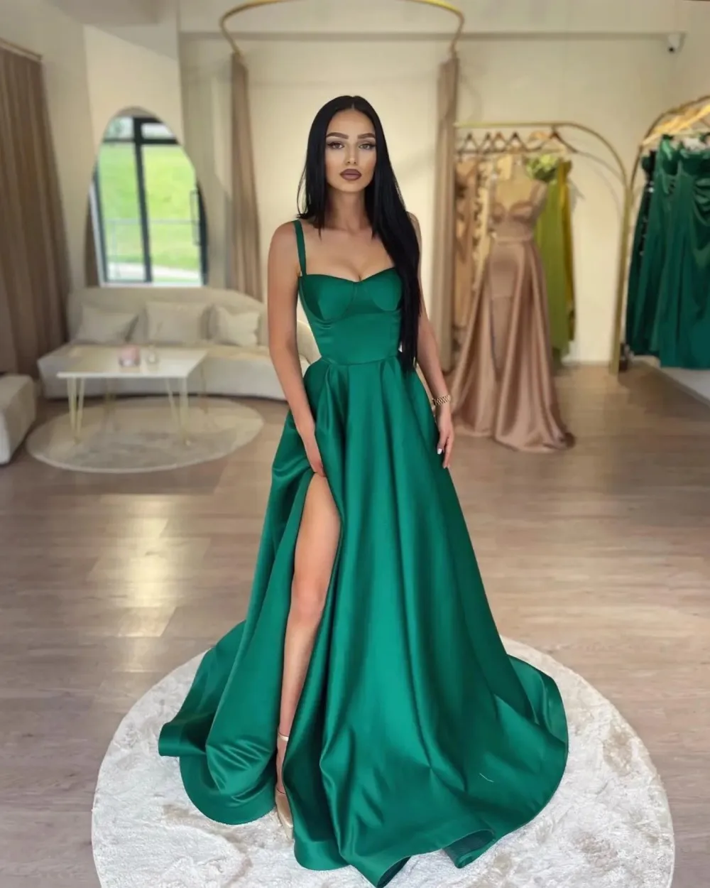 

Elegant A Line Green Prom Dresses Spaghetti Evening Gowns Pleats Slit Formal Long Special Occasion Party dress Vestidos De Noche